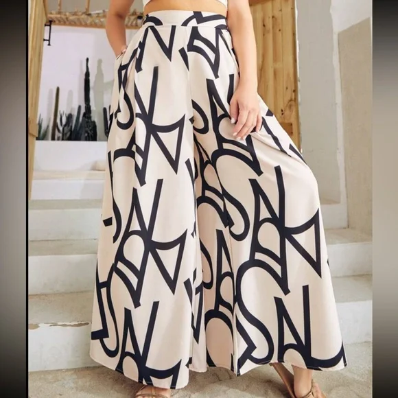 Plus Size Boho Alphabet Letter Print Pocket High Waist Wide Leg Palazzo Pants - Picture 5 of 6